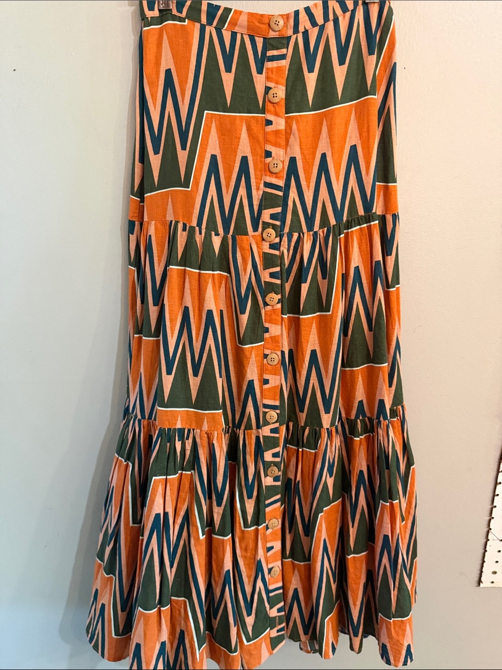 Veronica Beard Orange, Green & Navy Zigzag Tiered Maxi Skirt